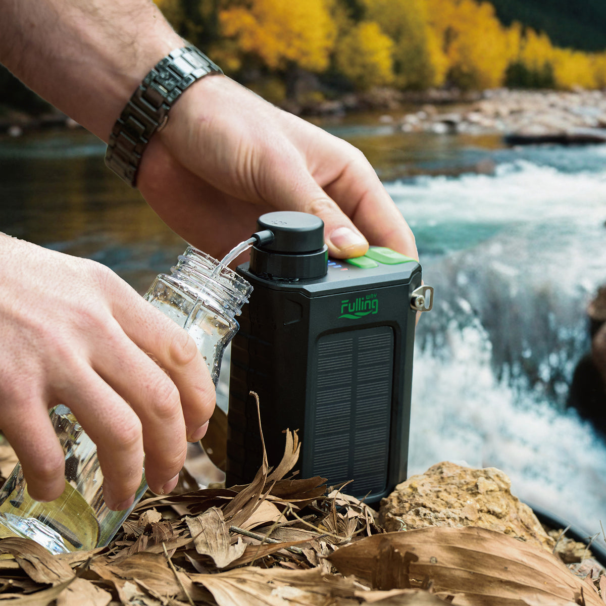 Portable Water Filtration System with Solar Panel and Hand Crank