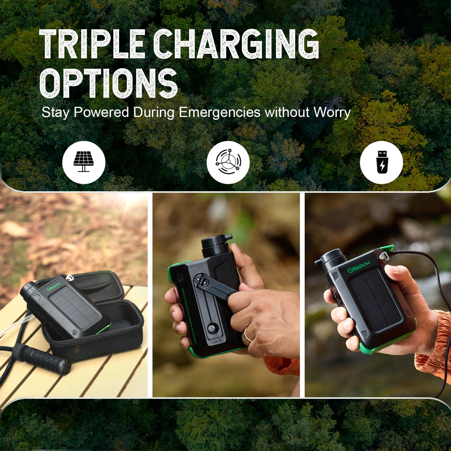 Greeshow portable water filter  | Solar & Hand Crank Emergency Water Filter Pump - Off-Grid  GS-2811