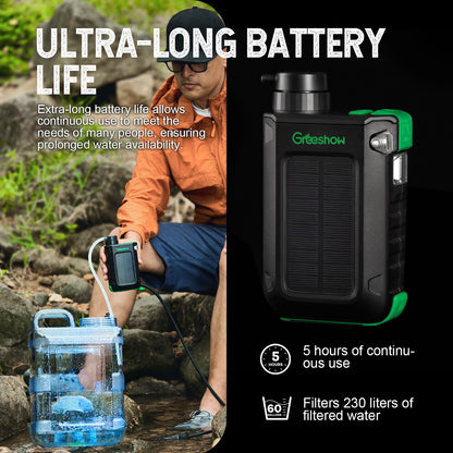 Greeshow portable water filter  | Solar & Hand Crank Emergency Water Filter Pump - Off-Grid  GS-2811