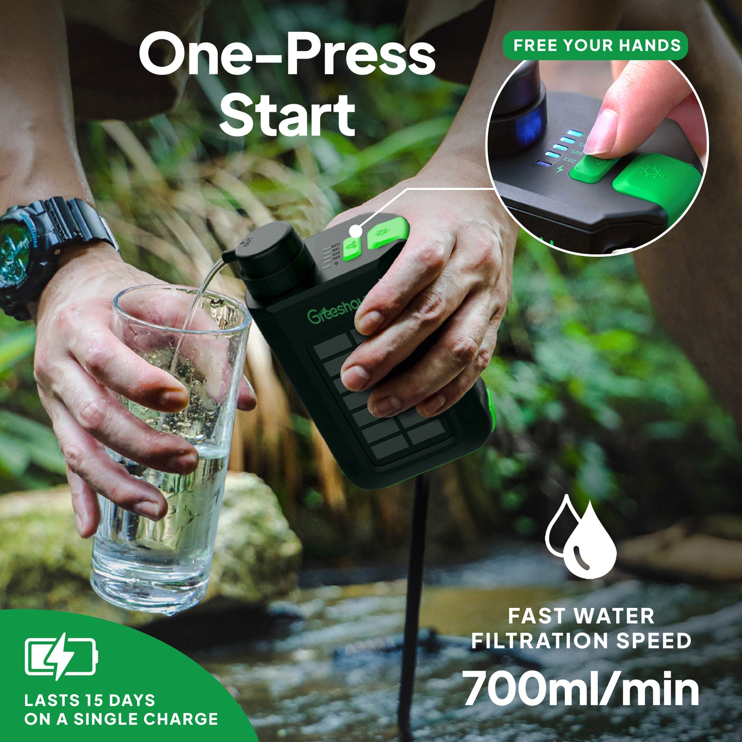 Greeshow portable water filter  | Solar & Hand Crank Emergency Water Filter Pump - Off-Grid  GS-2811