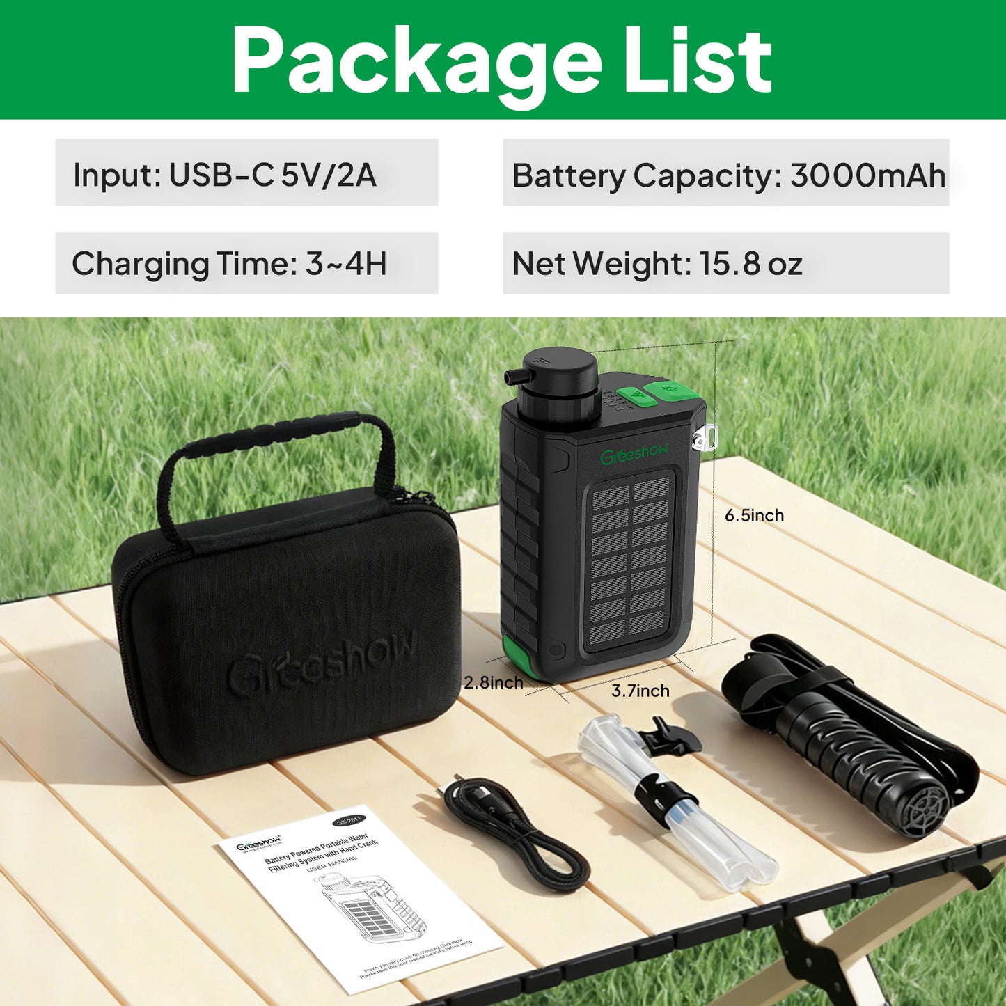 Greeshow portable water filter  | Solar & Hand Crank Emergency Water Filter Pump - Off-Grid  GS-2811