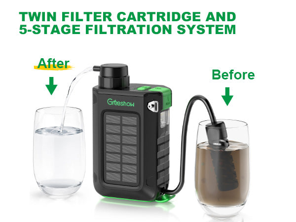 Greeshow portable water filter  | Solar & Hand Crank Emergency Water Filter Pump - Off-Grid  GS-2811